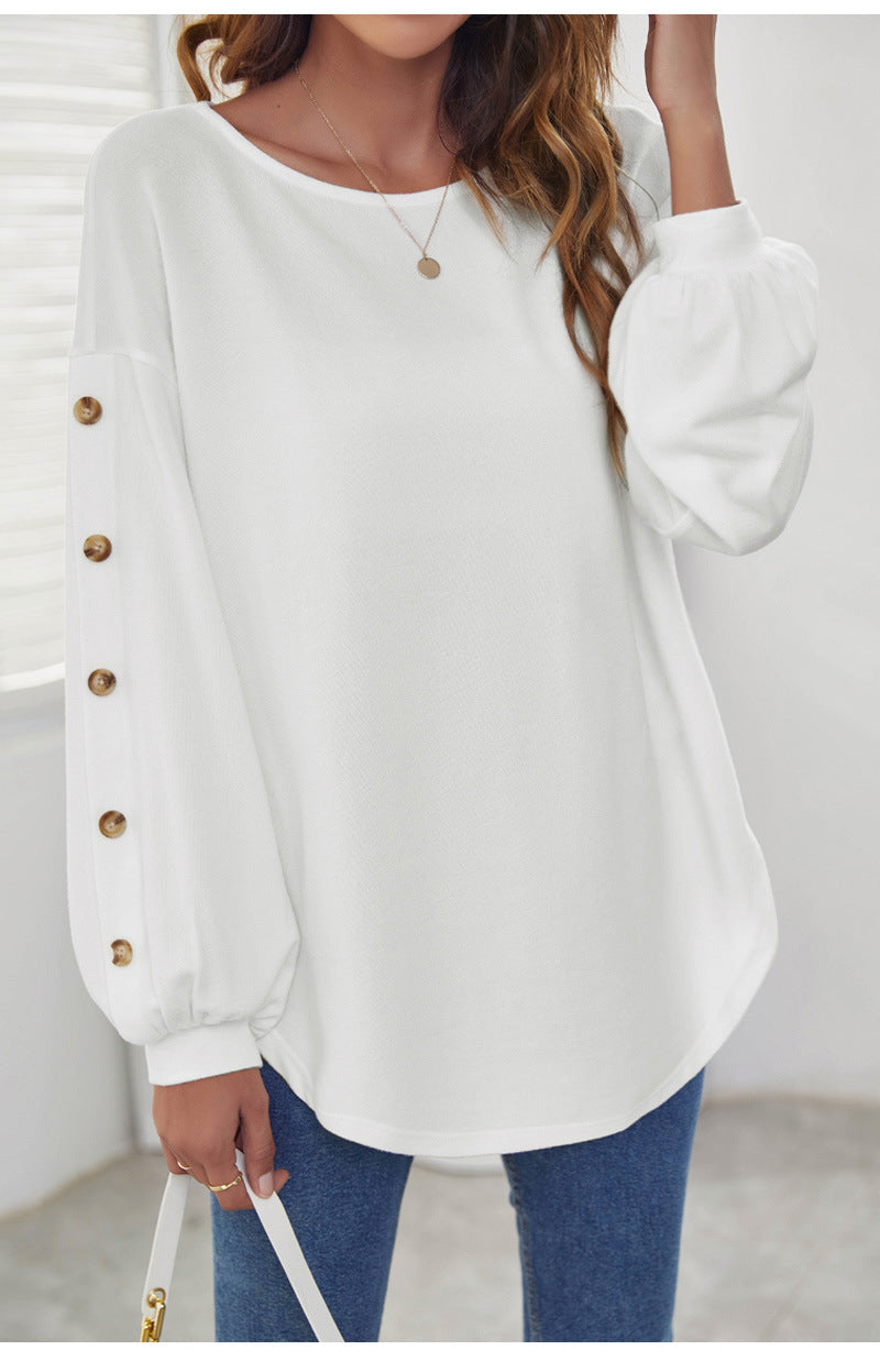 Round neck loose casual Lantern Long Sleeve T-shirt For Women