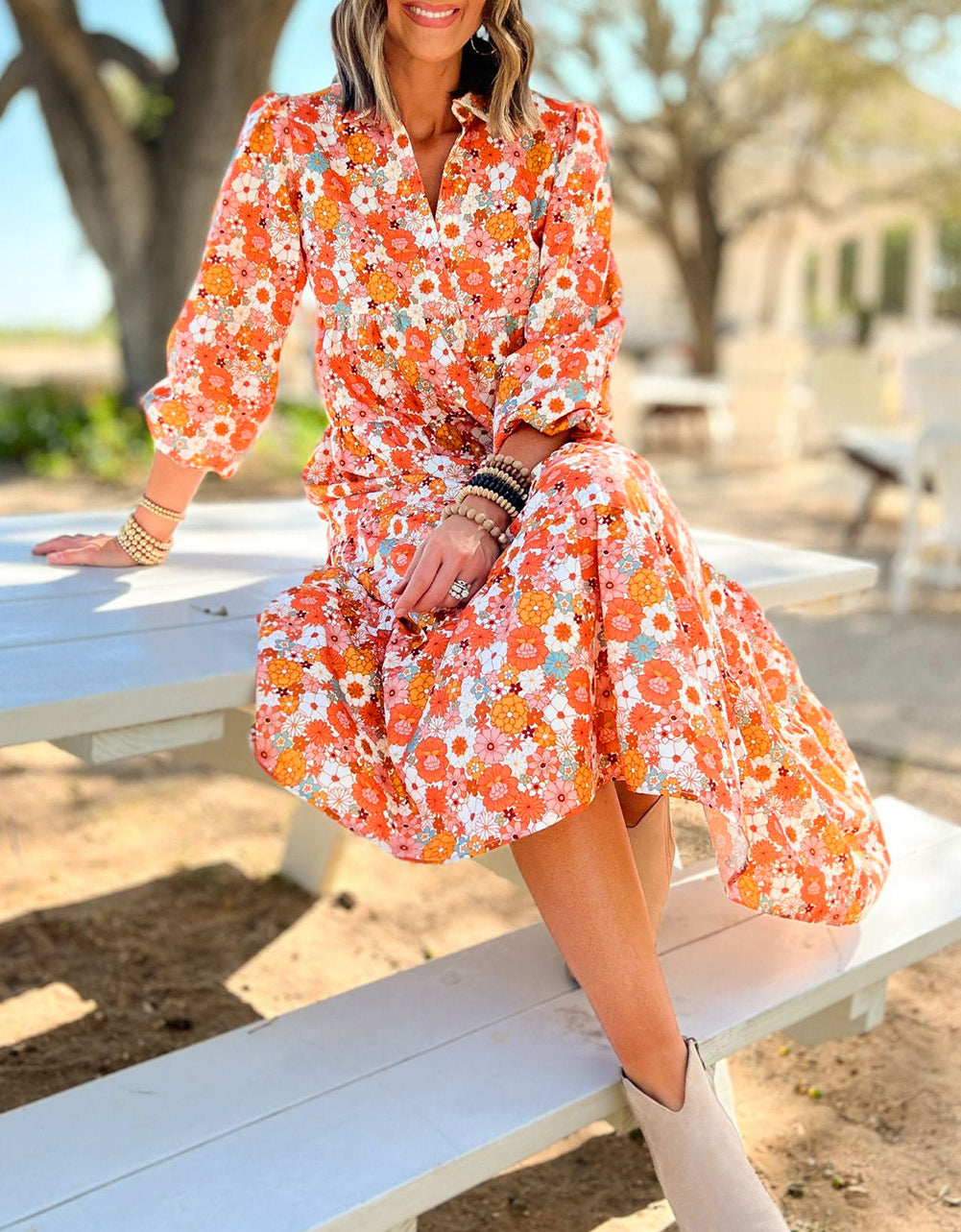 Boho Floral Collared Long Sleeve Ruffled Dress