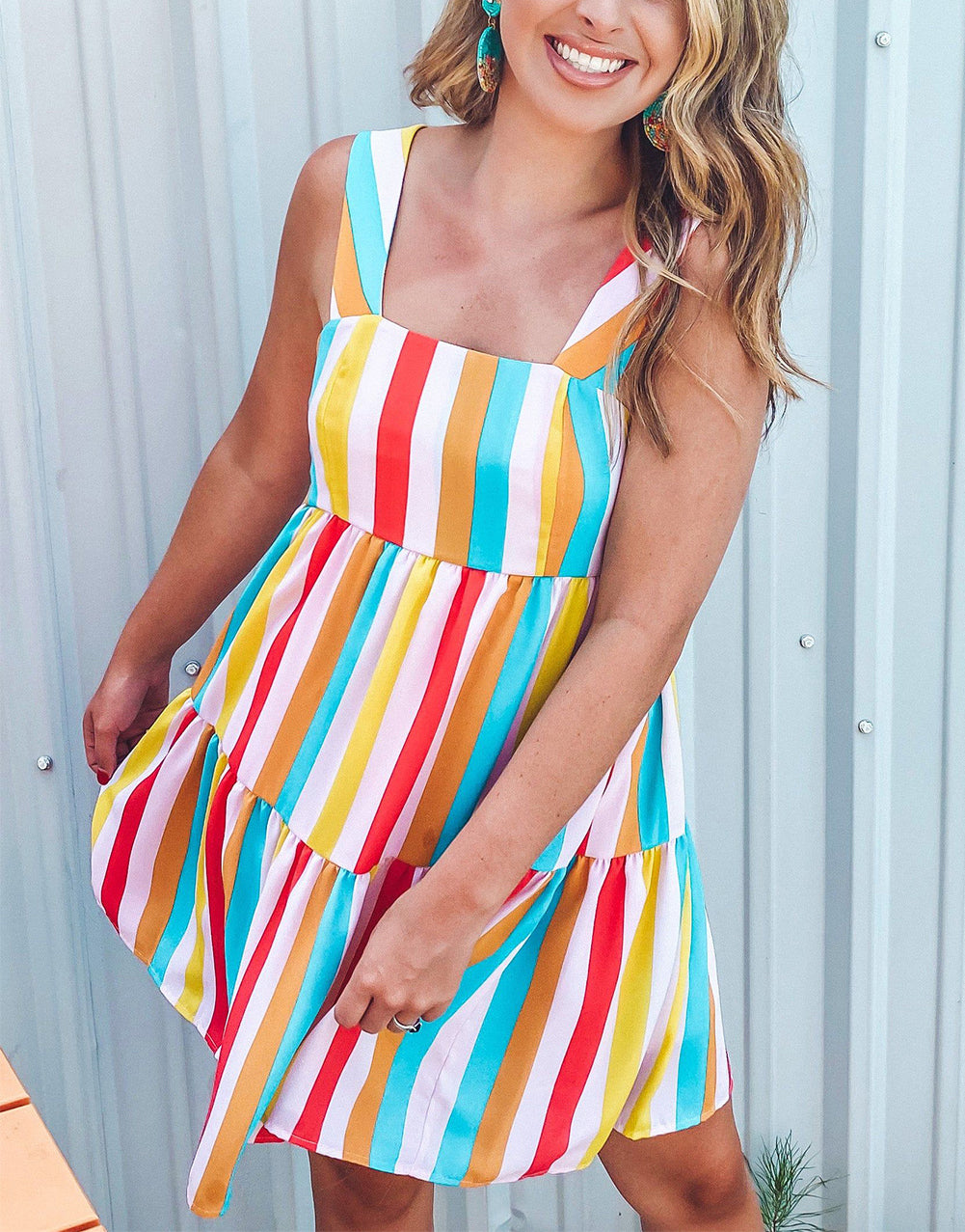 Multicolor Rainbow Stripe Print Tiered Sundress