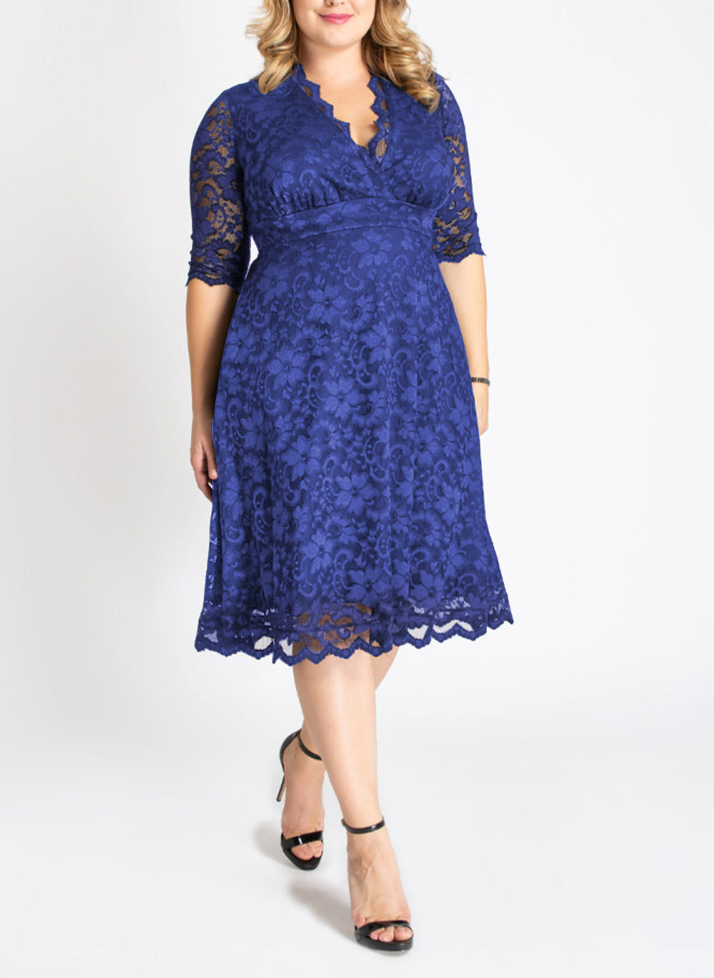 Blue Plus Size Half Sleeve Lined Lace Midi Dress