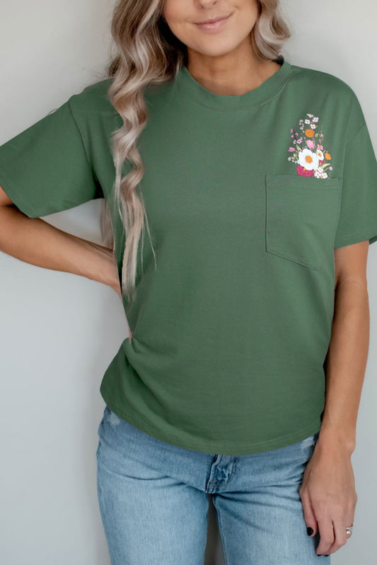 Green Floral Pocket Casual Short Sleeve Tee