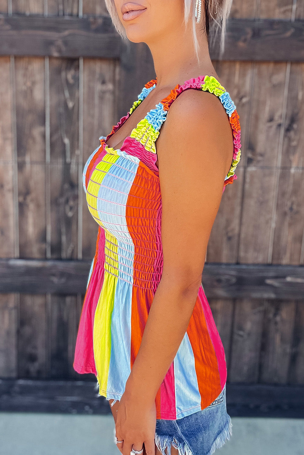 Multicolor Color Block Shirred Square Neck Tank Top