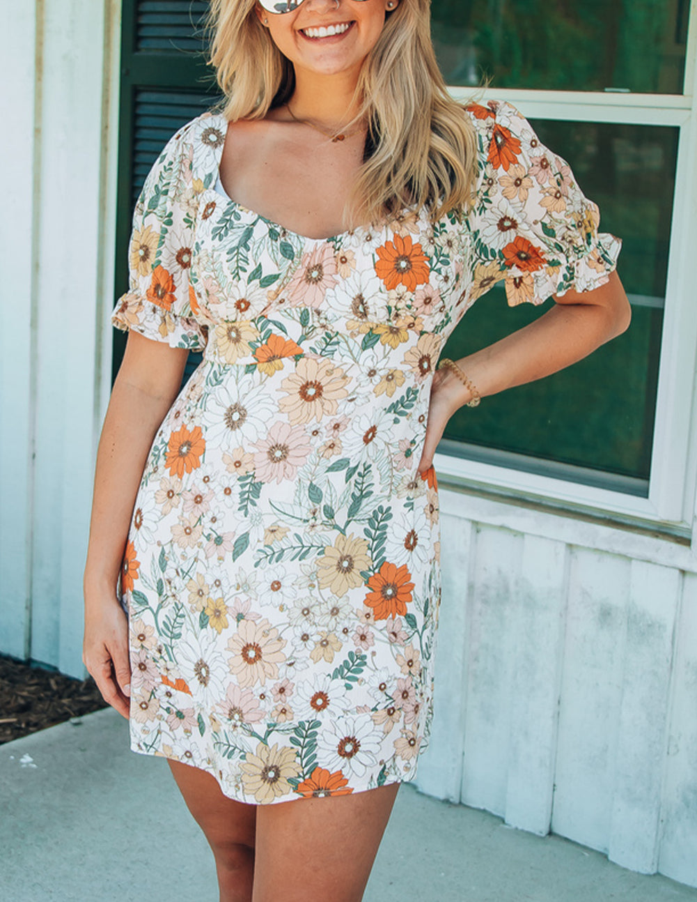 Puff Sleeves Hollow-out Back Floral Print Dress