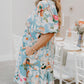 Sky Blue Floral Print Ruffled Puff Sleeve Plus Size Mini Dress
