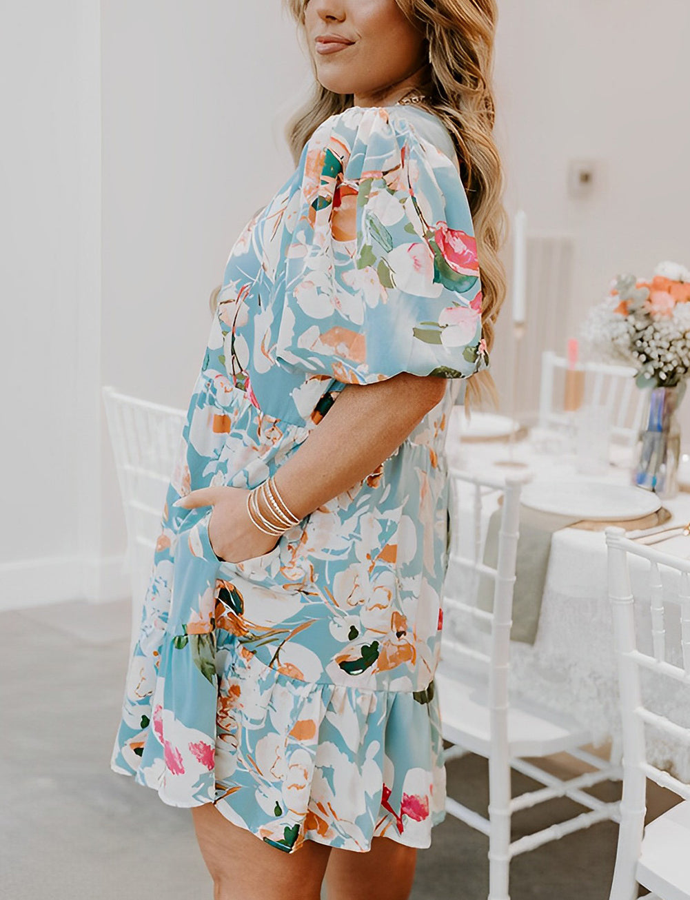 Sky Blue Floral Print Ruffled Puff Sleeve Plus Size Mini Dress