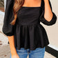 Black Textured Square Neck Puff Sleeve Peplum Blouse