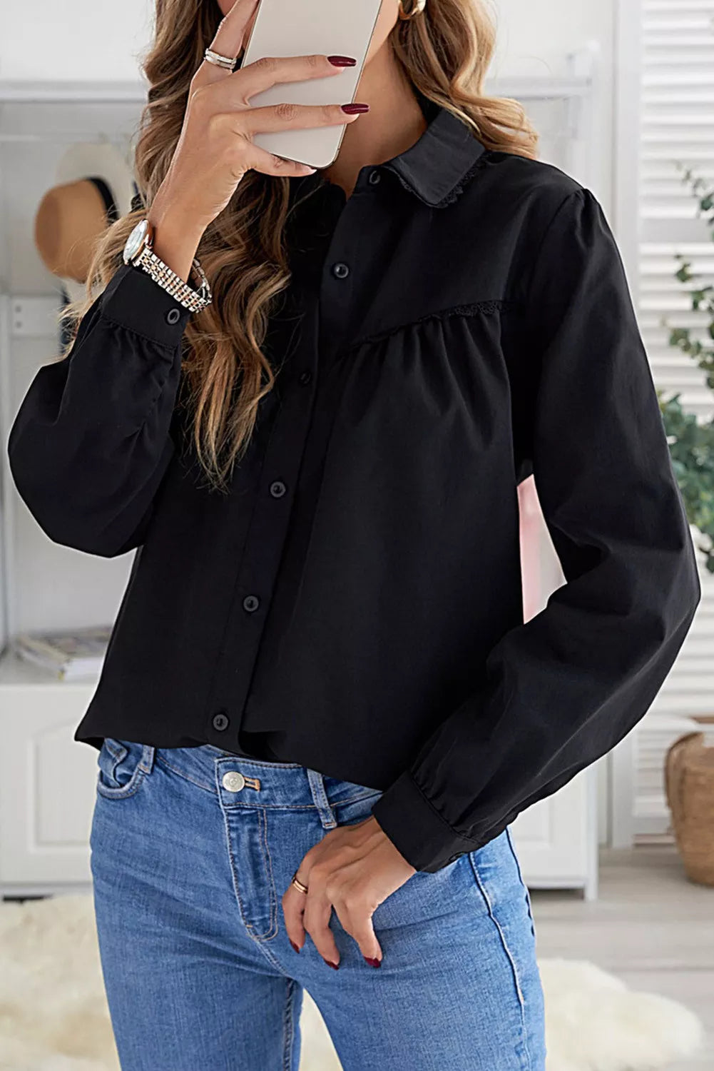 Plain Pleated Bust Cuffed Sleeves Shirt