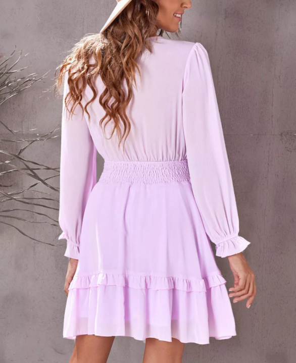 Deep V Neck Lantern Sleeve Knotted Tiered Mini Dress