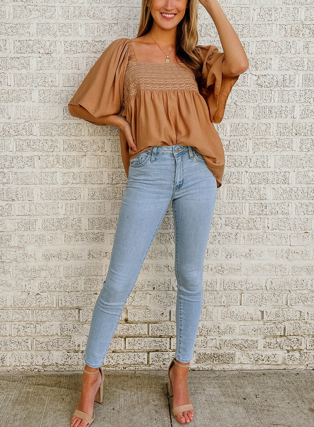Brown Square Neck Wide Sleeves Flowy Top
