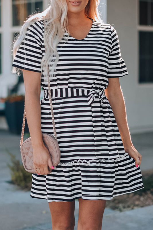Black Stripes Ruffle Short Dress