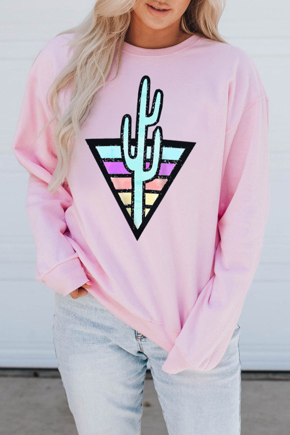 Western Cactus Color Block Pullover Sweatshirt