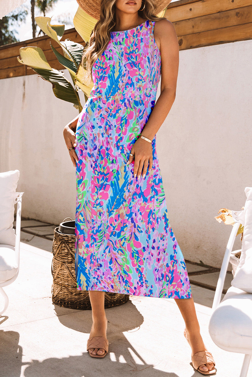 Purple Abstract Floral Print Sleeveless Maxi Dress