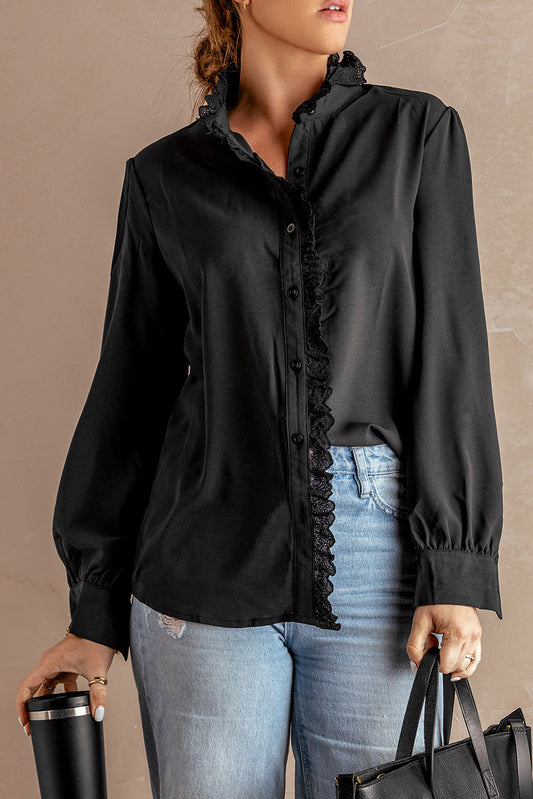 Solid Color Lace Frilled Trims Long Sleeve Shirt