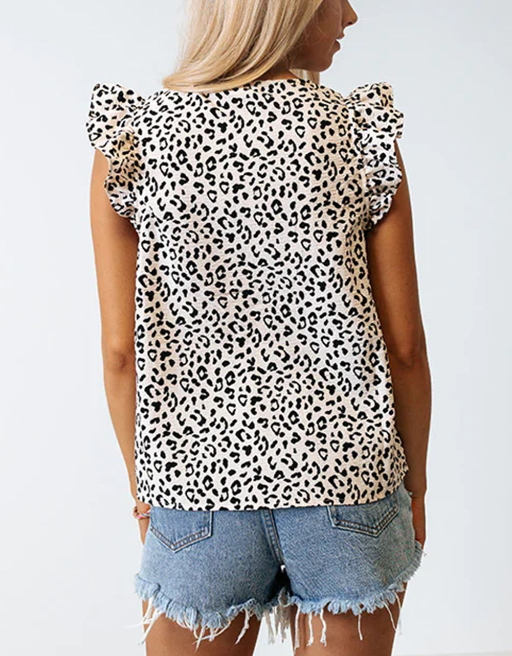 Leopard Ruffle Sleeve Embellished V-neck Blouse