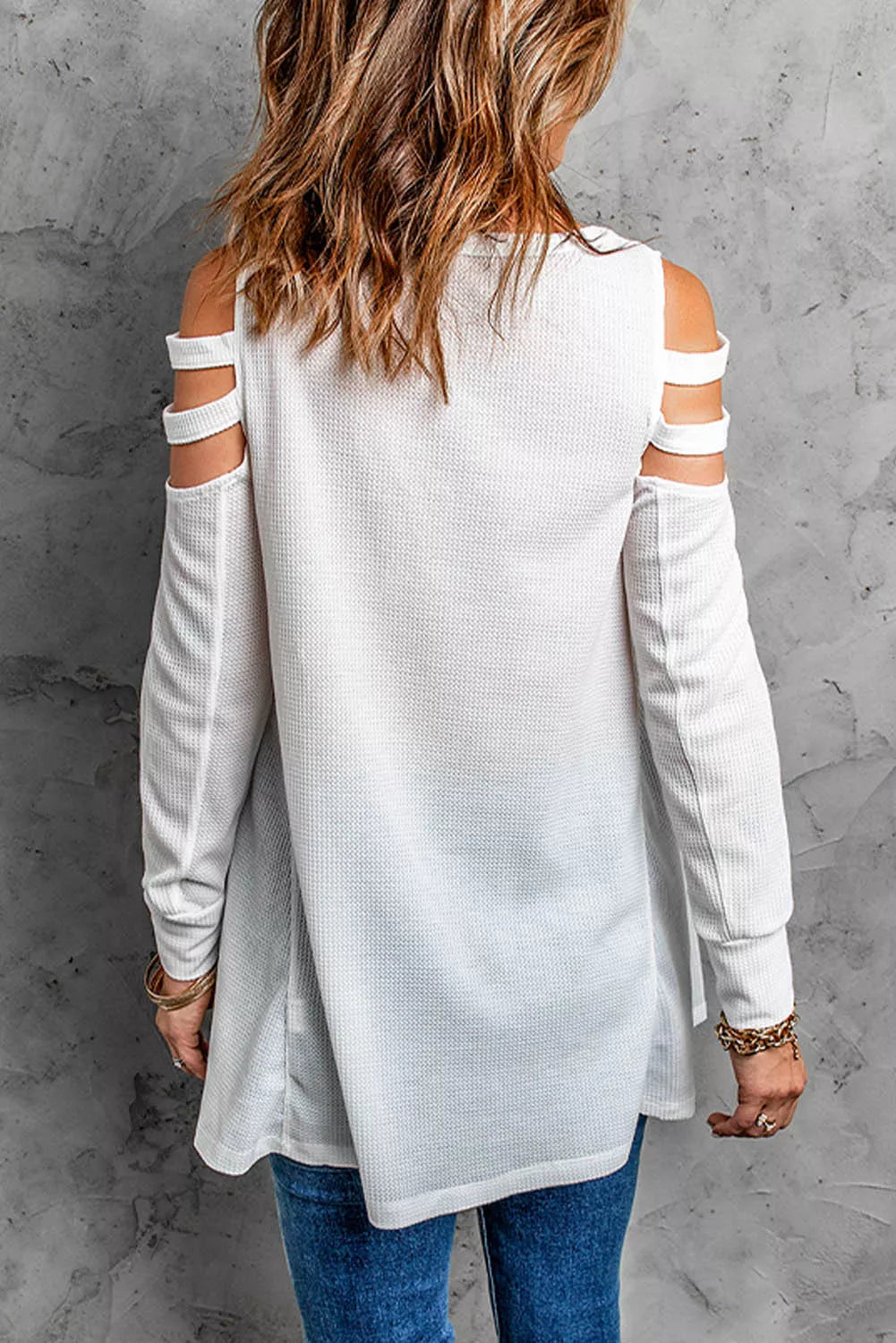 Zip Neck Cut-out Waffle Knit Long Sleeve Top