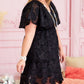 Black Floral Jacquard Flutter Sleeve Plus Size Mini Dress
