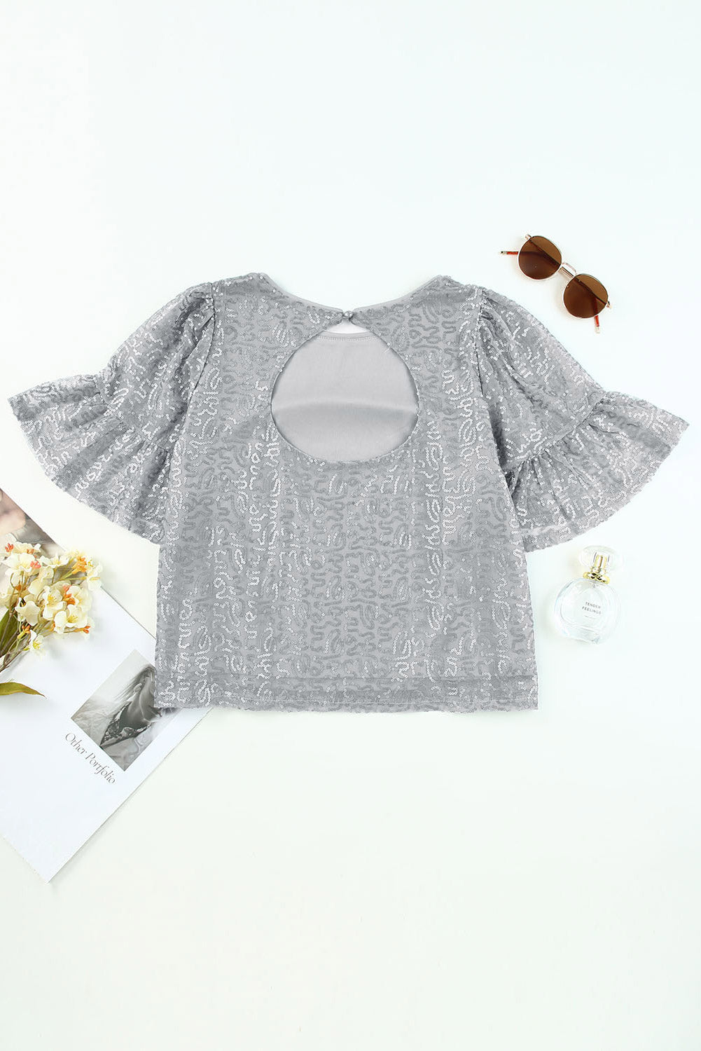 Gray Ruffled Sleeves Sequin Blouse