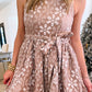 Pink Floral Jacquard Sleeveless Mini Dress with Waist Tie
