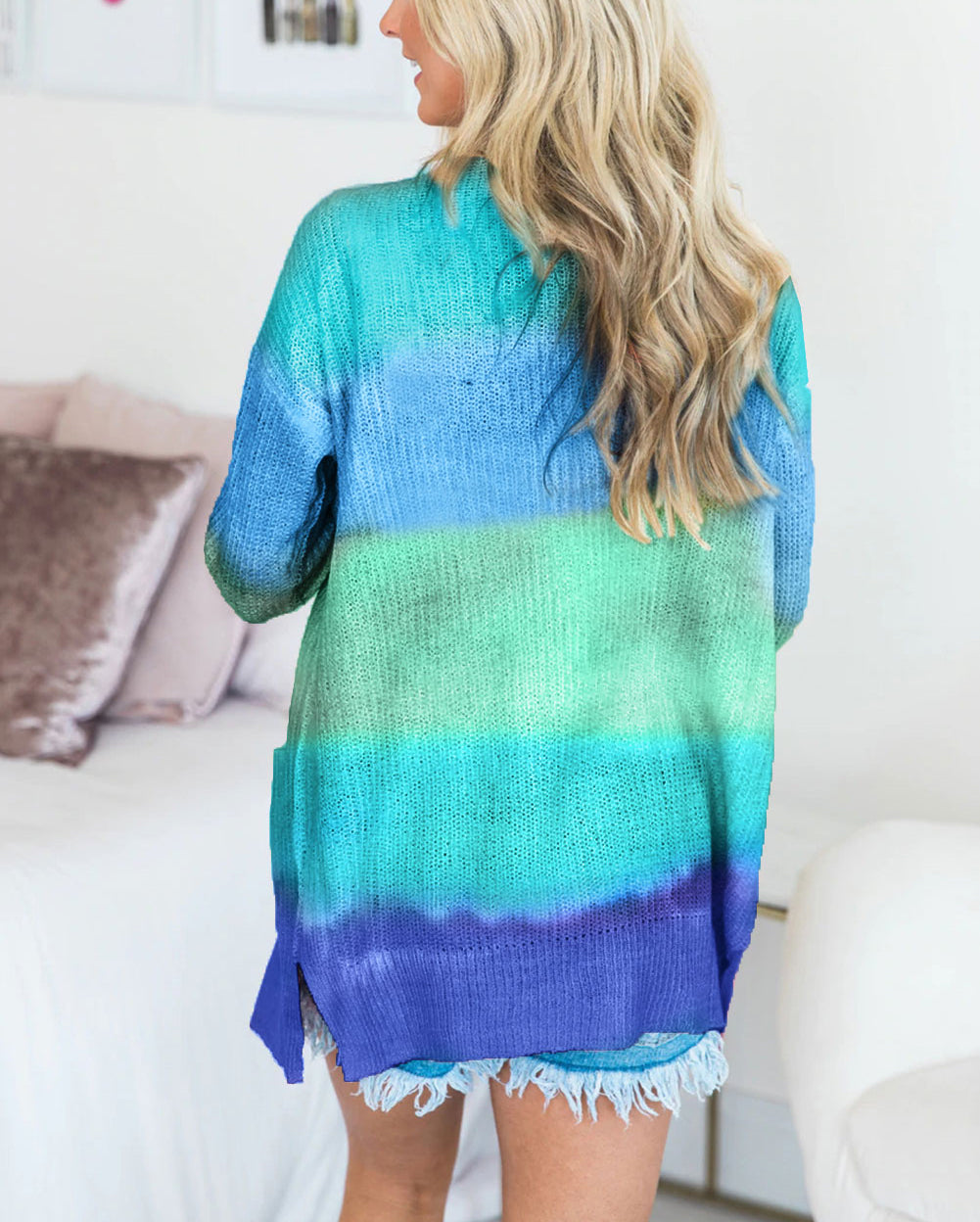 Rainbow Ombre Buttoned Cardigan with Pockets