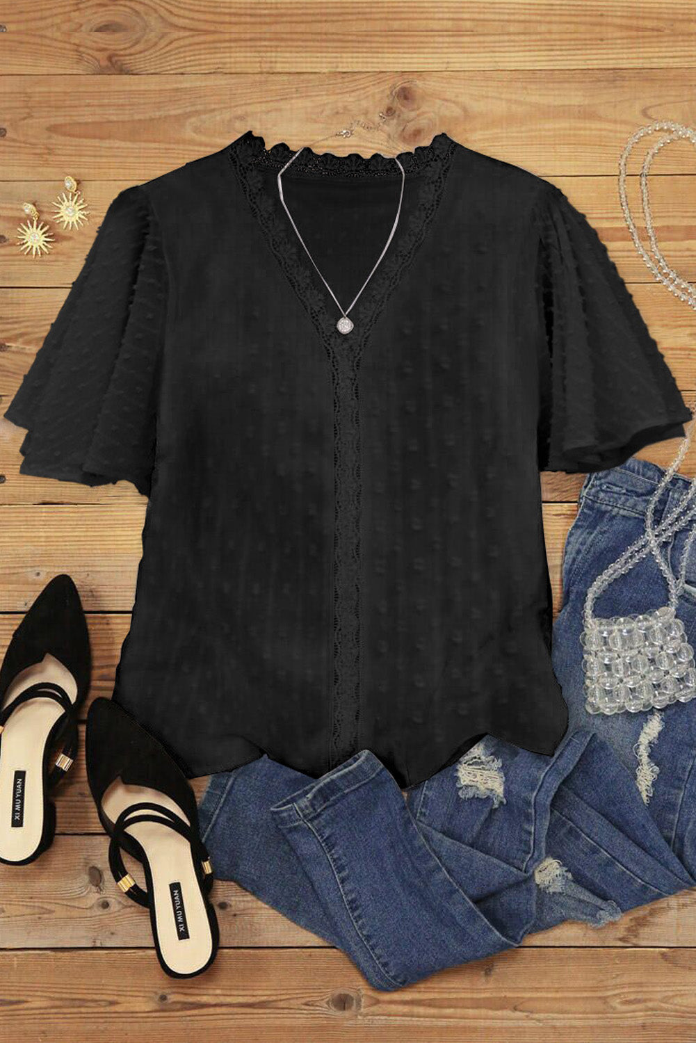 Crochet V Neck Swiss Dot Butterfly Sleeve Top