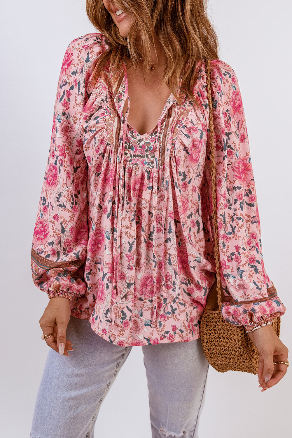 Floral Print Drawstring Lace-up Babydoll Blouse