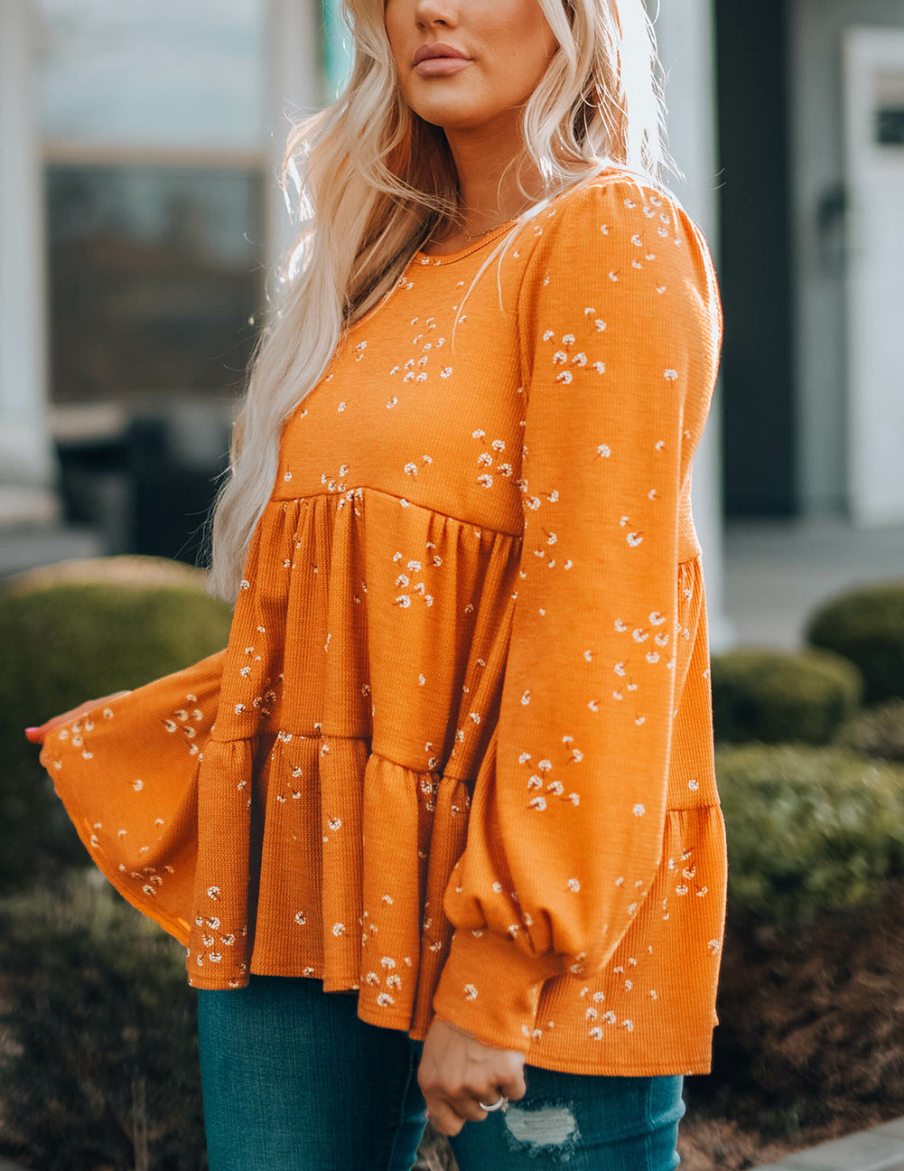 Floral Print Ruffle Long Sleeve Tunic Top