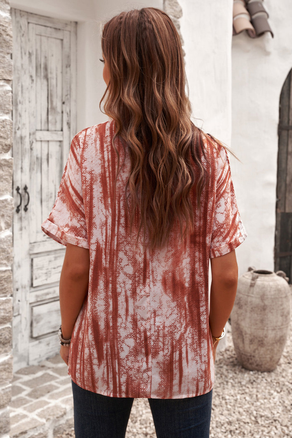 Orange Printed Pocket Short Sleeve Blouse