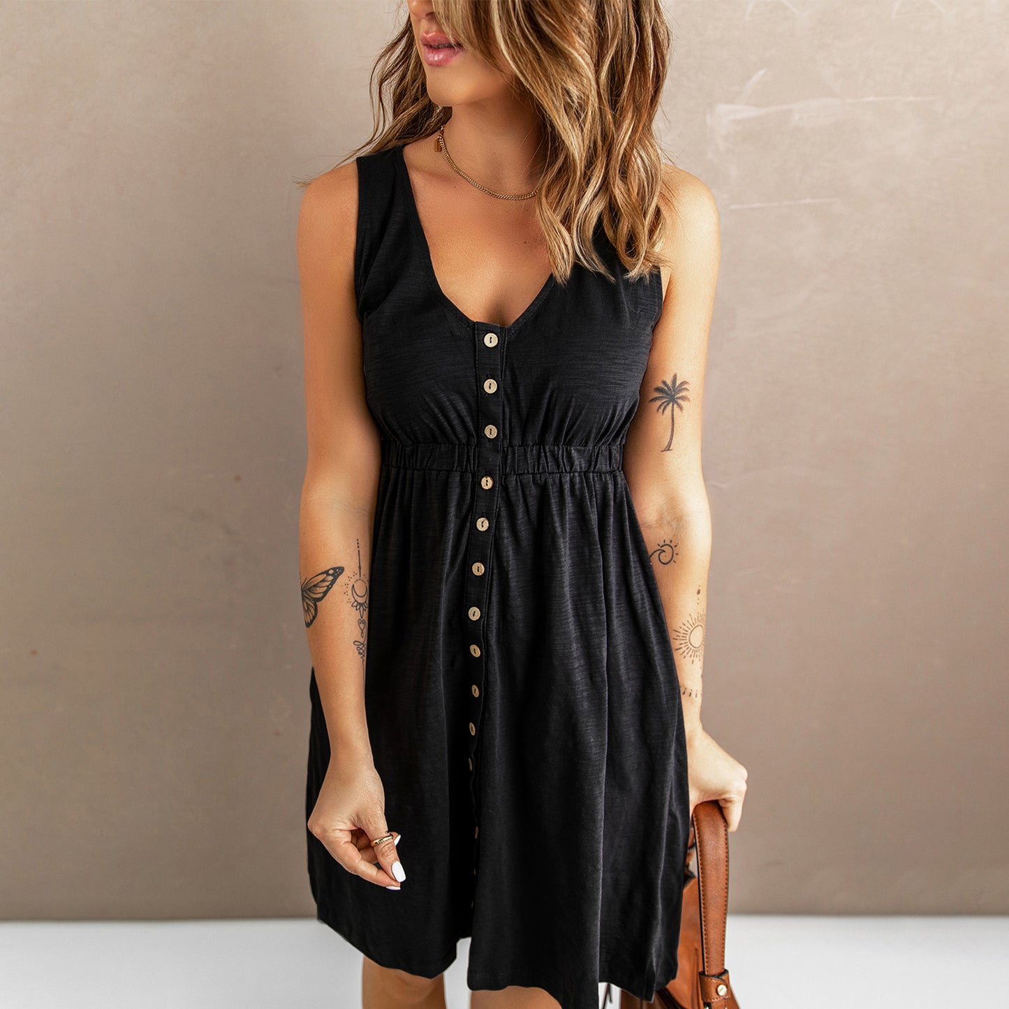 Buttons Sleeveless High Waist Mini Dress