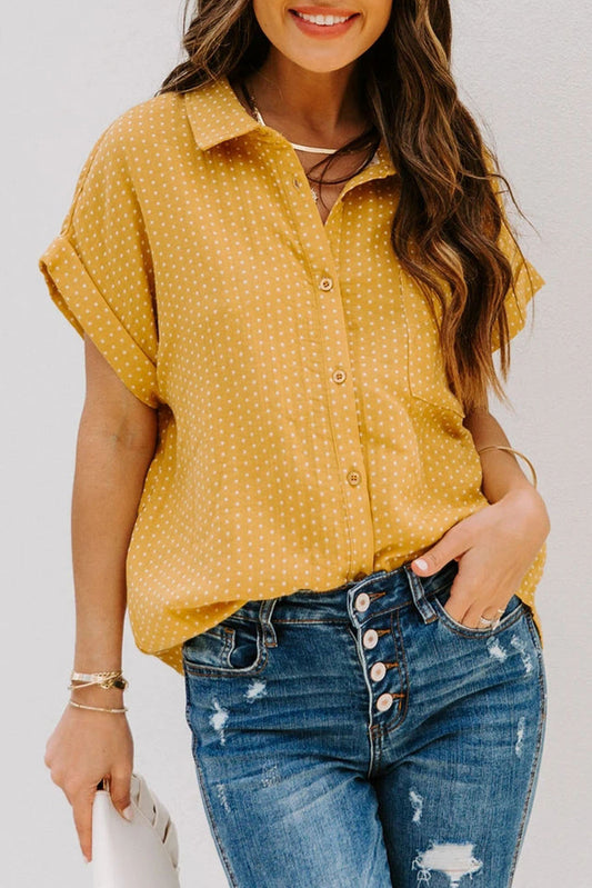 Yellow Rolled Short Sleeve Polka Dot Print Shirt