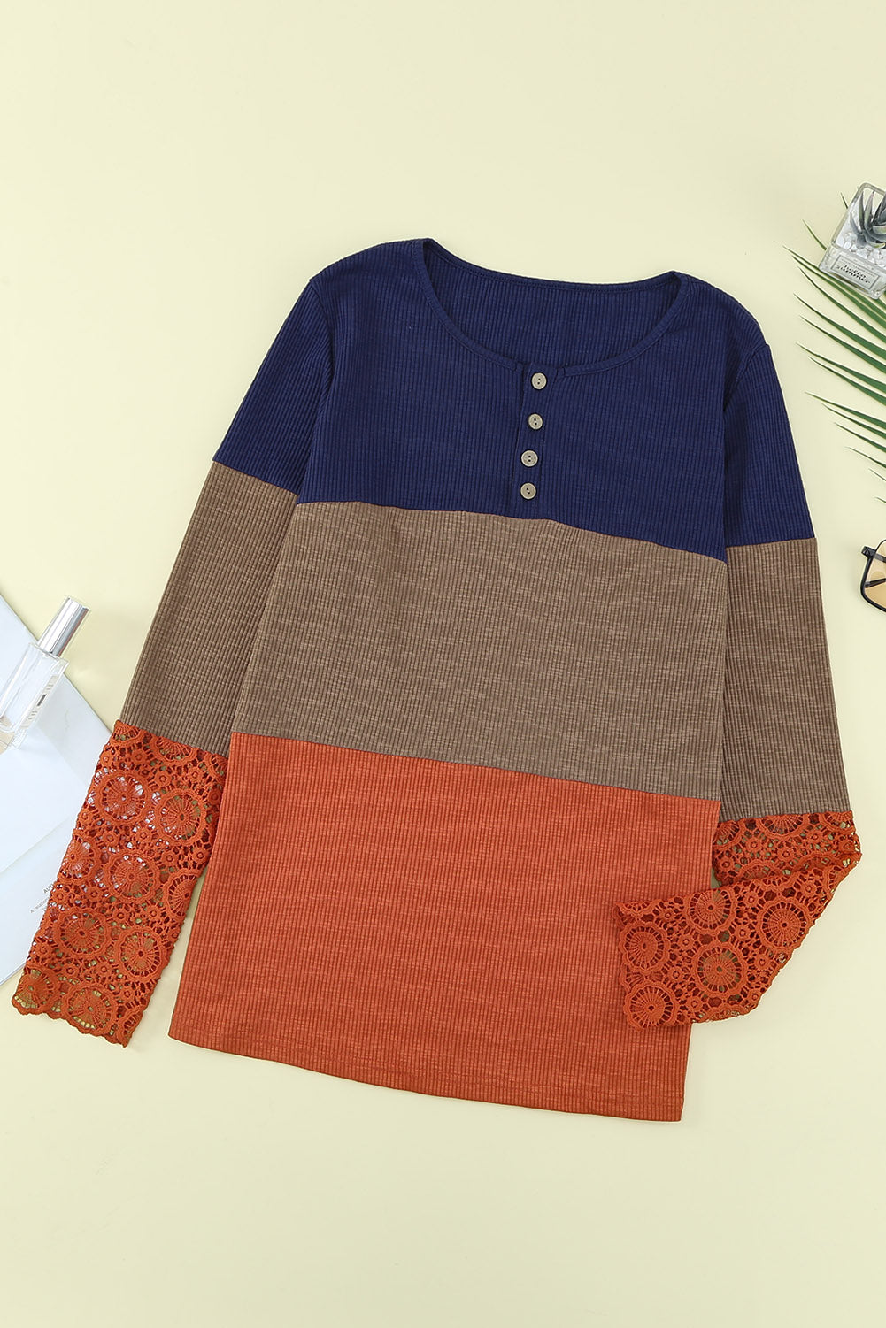 Ribbed Lace Splicing Color Block Long Sleeve Top