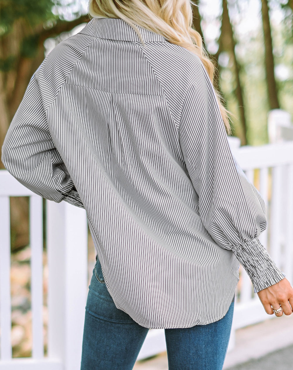 Smocked Cuffed Striped Boyfriend Shirt with Pocket