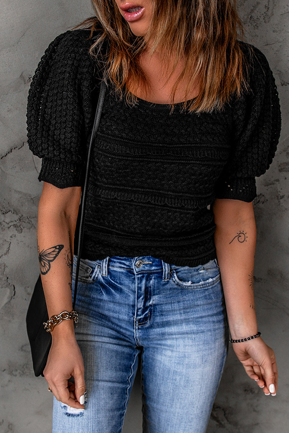 Black Crochet Puff Sleeve Knit Top