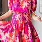 Rose Floral Smocked Waist Bubble Sleeve Flare Dress