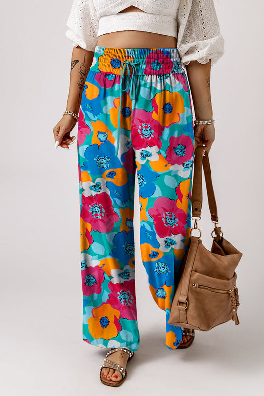 Abstract Floral Print Drawstring Wide Waistband Pants