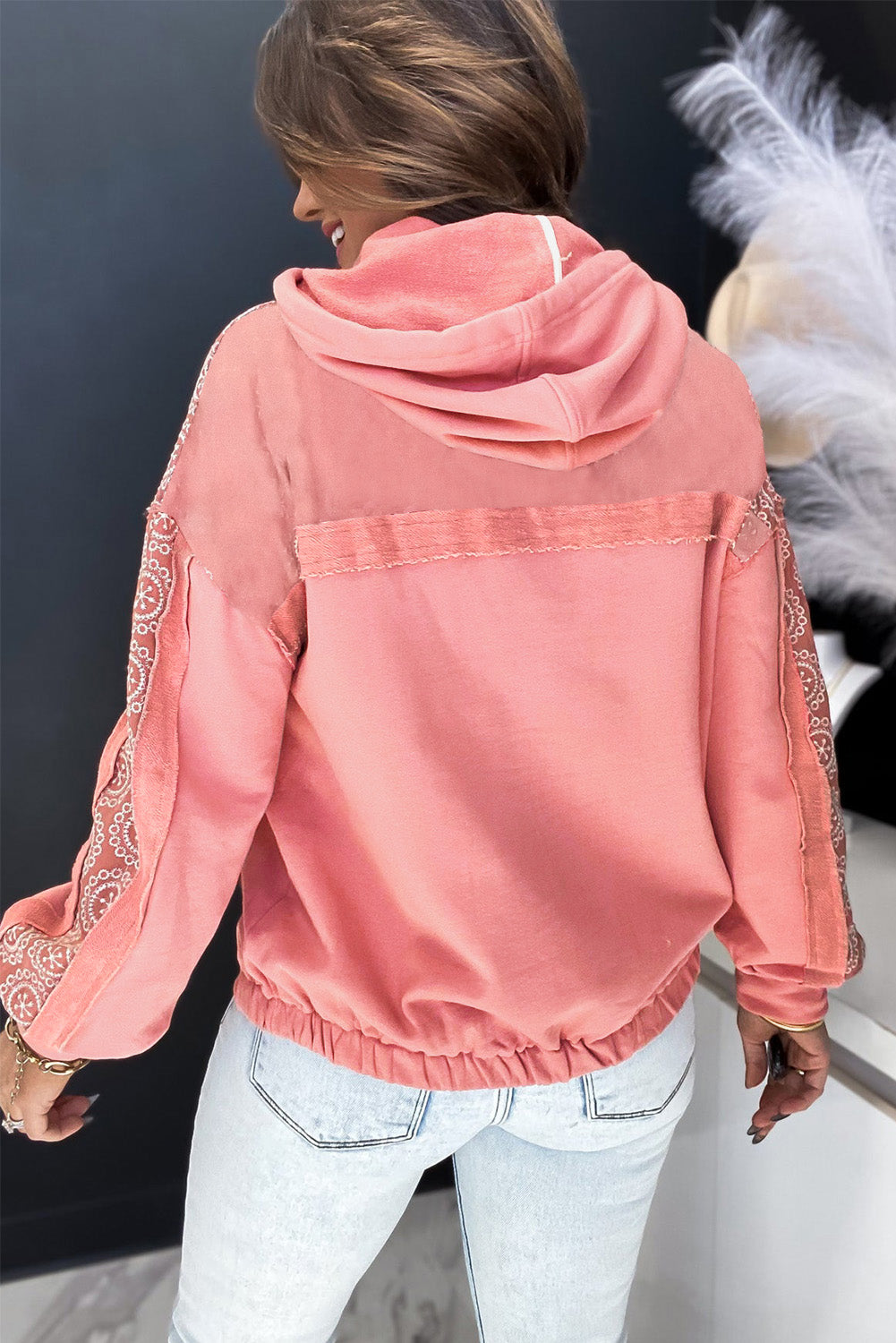 Pink Floral Pattern Splice Drawstring Hoodie