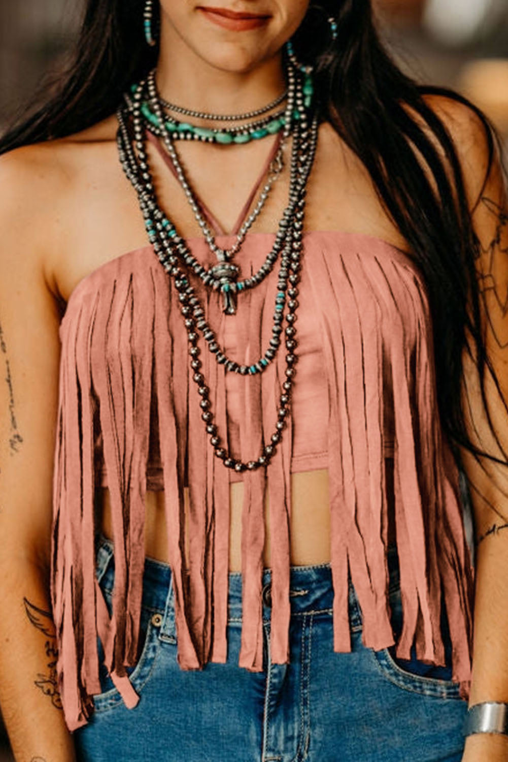 Pink Tassel Drawstring Bandeau Crop Tank Top