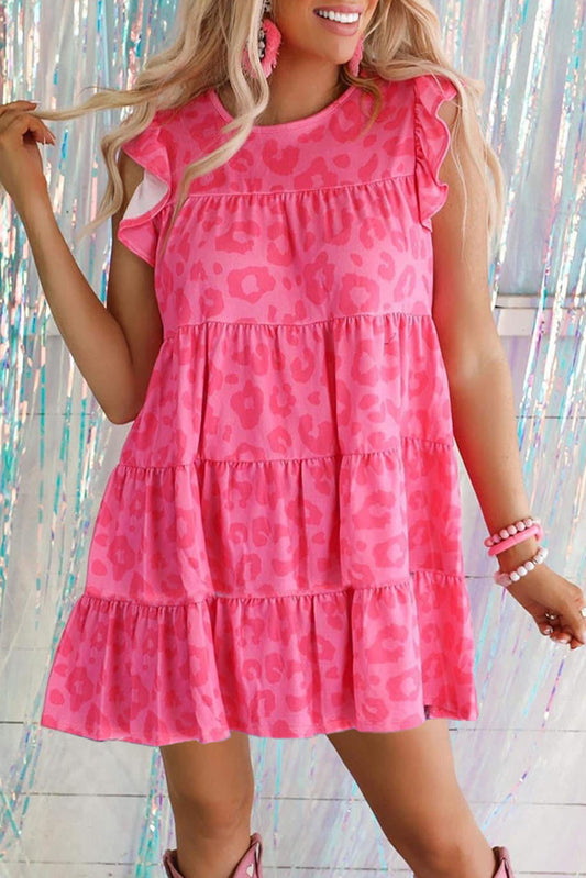 Leopard Round Neck Ruffle Tiered Mini Dress