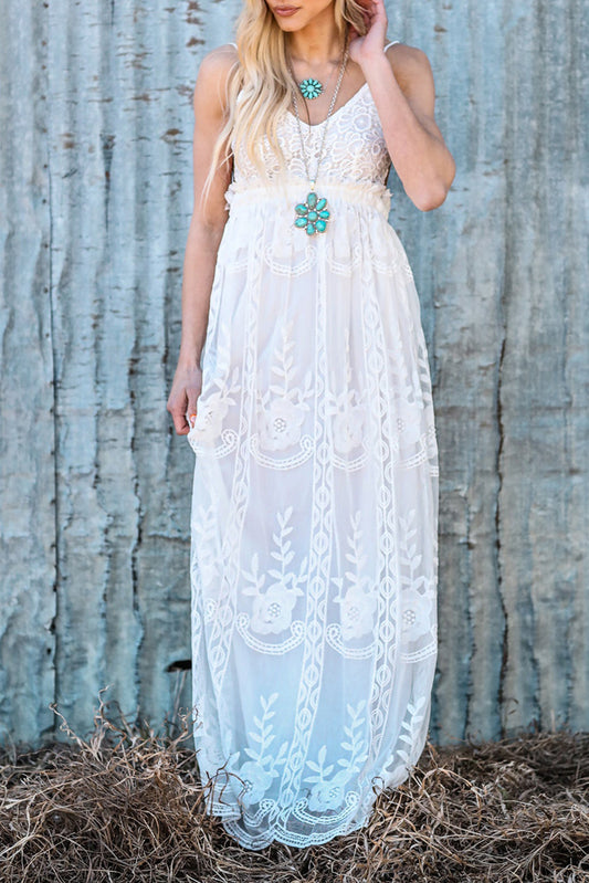 White Contrast Lace Backless Spaghetti Strap Maxi Dress