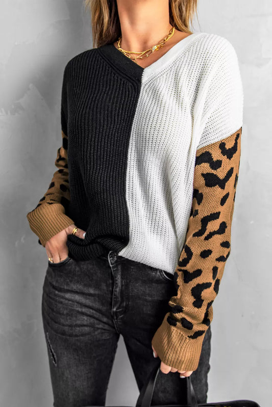 Leopard Print Contrast Color V Neck Sweater