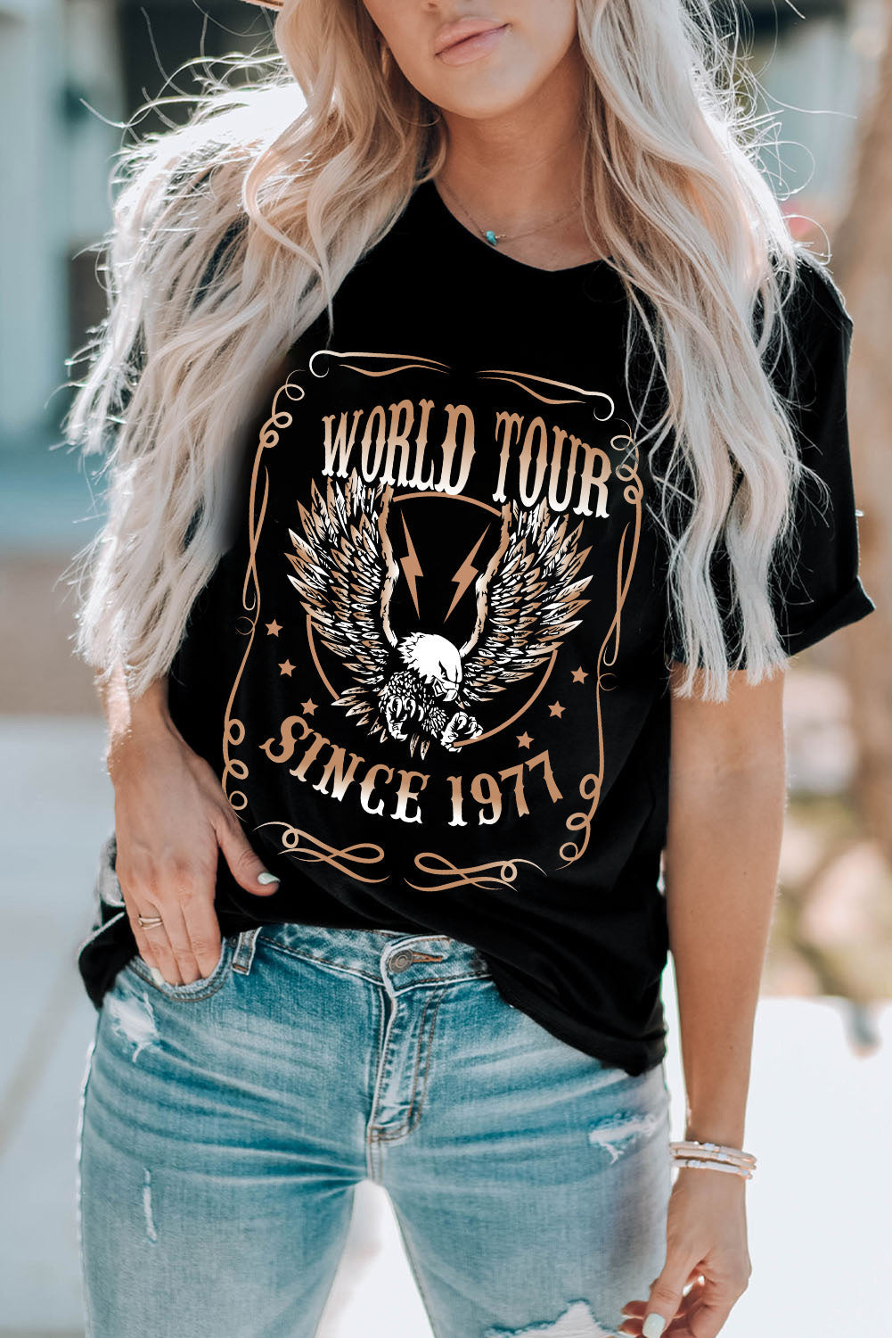 Black WORLD TOUR SINCE 1977 Eagle Print Graphic T Shirt
