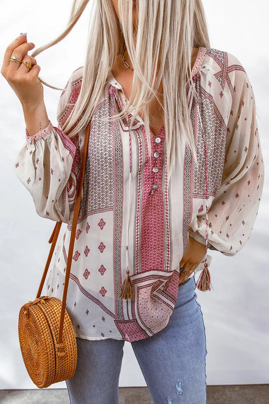Boho Printed Sheer Puff Sleeve Blouse