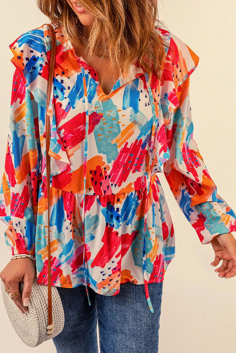 Paint Print Ruffled Detail Loose Blouse