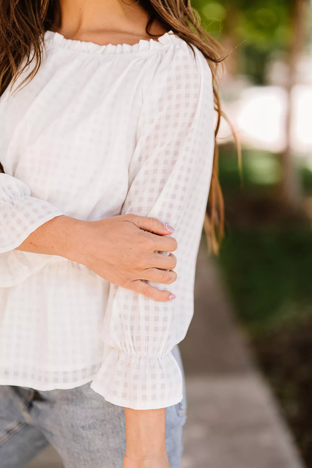 White Lattice Frilled Off Shoulder Cinched Waist Peplum Blouse