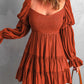 Brown Boho Solid Shirred Ruffle Mini Dress