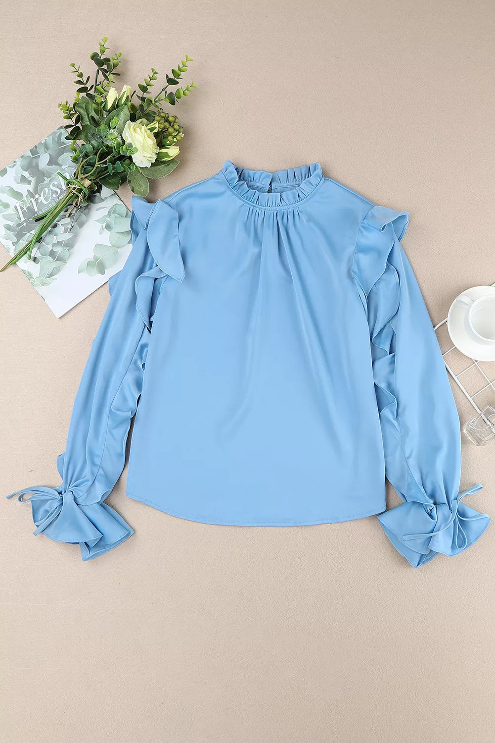 Frilled Neck Ruffled Long Sleeve Blouse