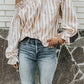 Stripe Print Frilled Elastic Off Shoulder Top