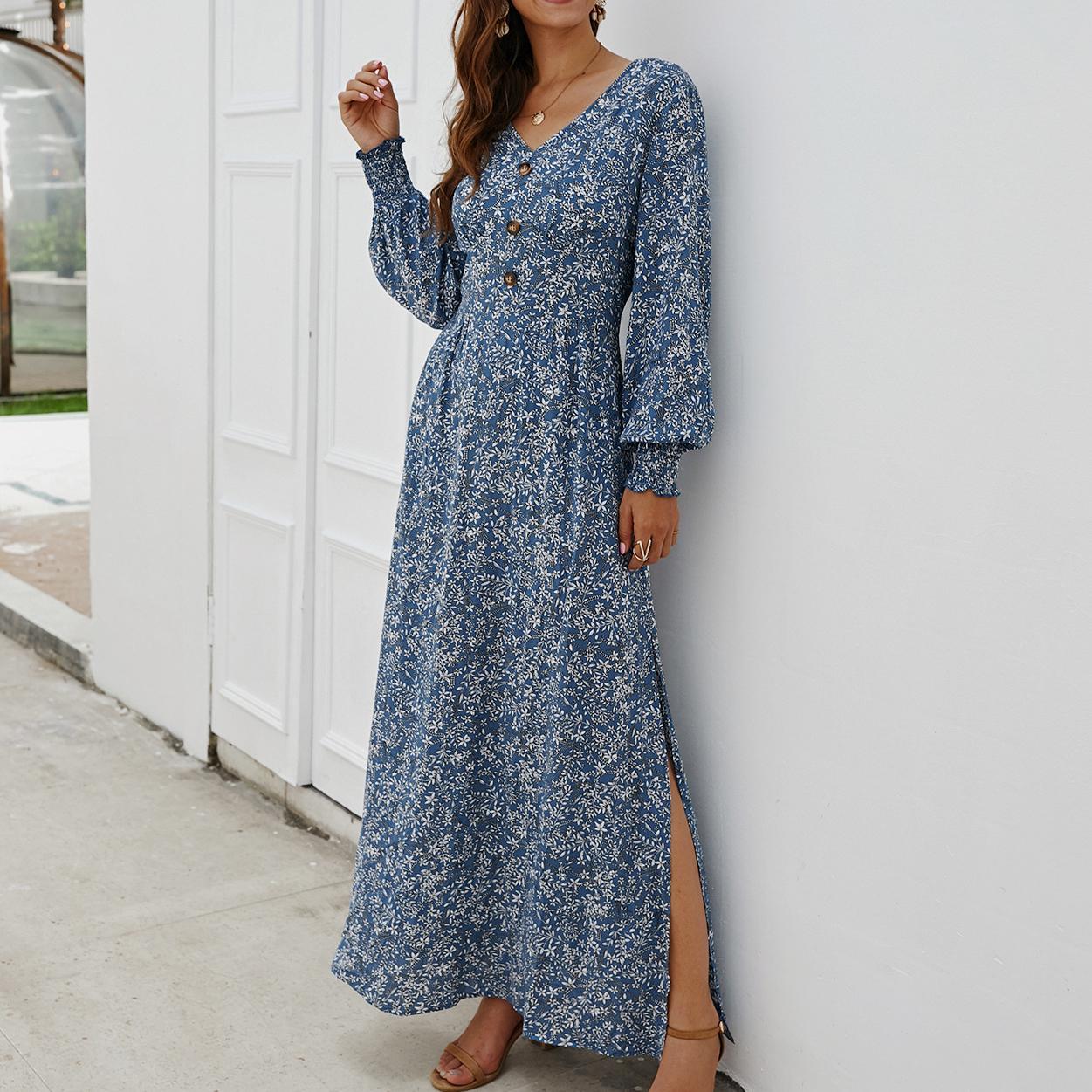 Autumn and winter long-sleeved V-neck floral dress