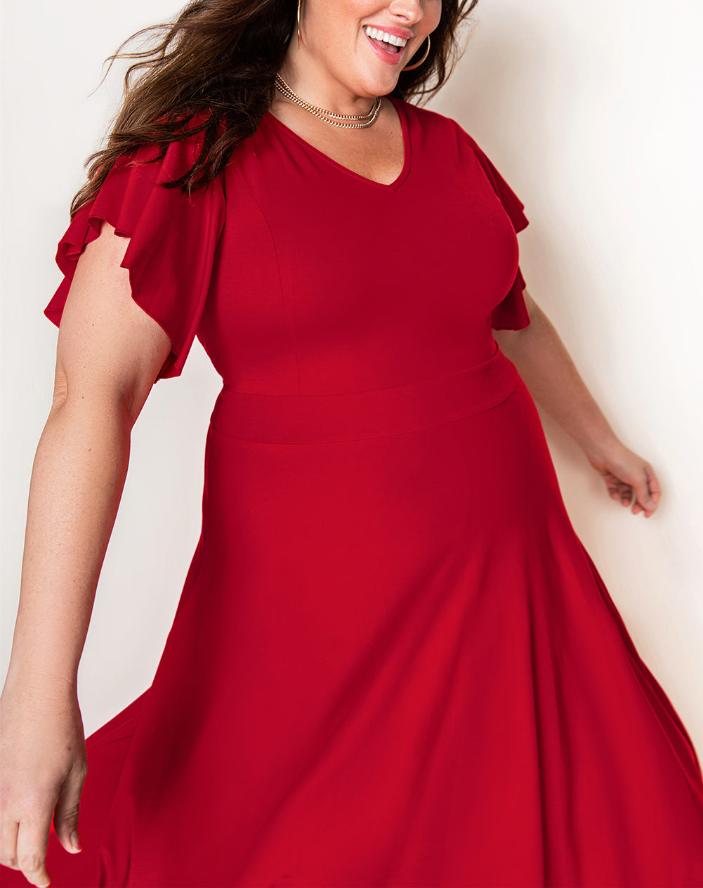 Red Plus Size Short Flutter Sleeve Midi Dress