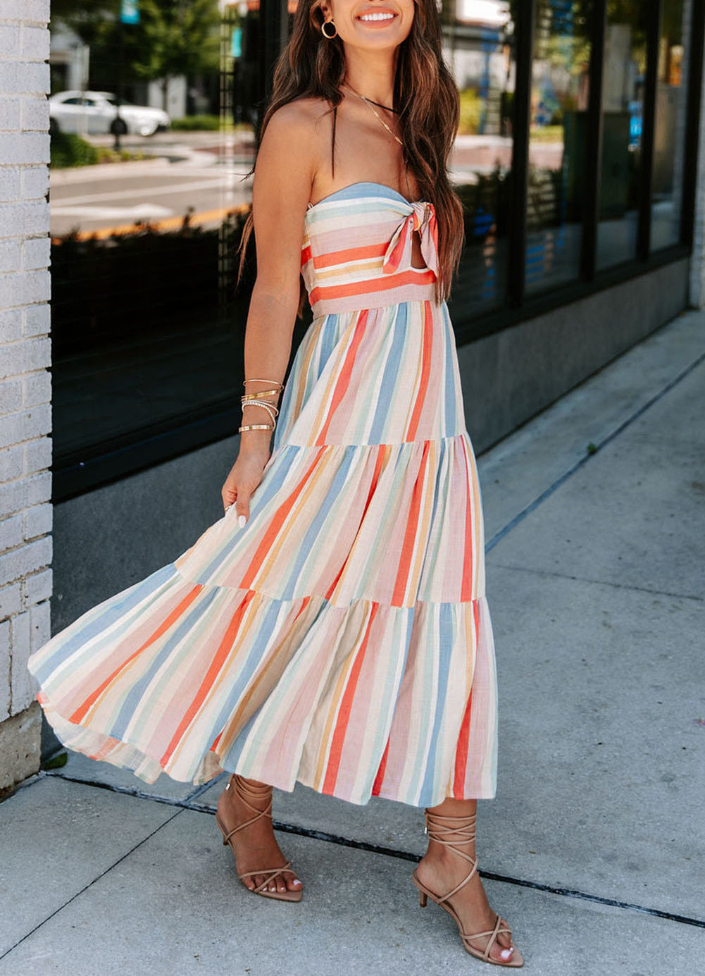 Striped Tie Decor Strapless Tiered Maxi Dress