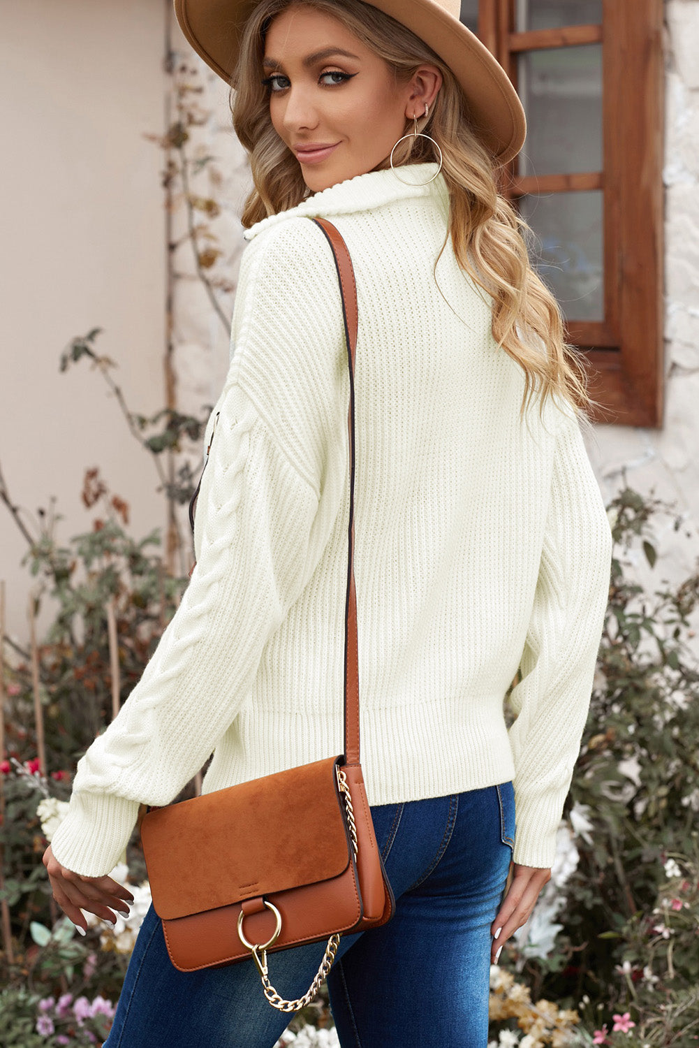 Zip Collar Drop Shoulder Knitted Sweater